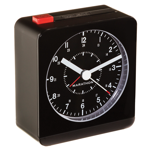 Desk Alarm Clock, Analog, Battery Operated, 3.5" W x 1.5" D x 3.75" H, Black Moffatt Supply & Specialties