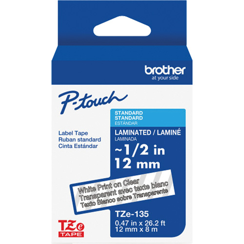 Ruban lamin&eacute; pour P-Touch, 12 mm x 8 m, Blanc sur transparent Moffatt Supply & Specialties