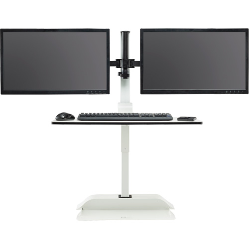 Soar Sit/Stand Electric Desk with Dual Monitor Arm, Desktop Unit, 37-1/4" H x 27-3/4" W x 22" D, White Moffatt Supply & Specialties
