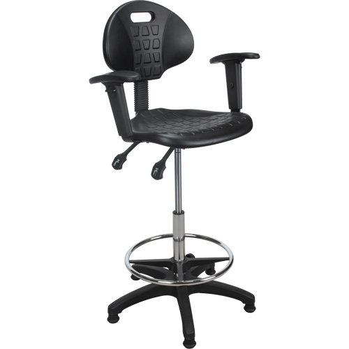 Tabouret ergonomique robuste avec accoudoirs r&eacute;glables, Stationnaire, Ajustable, 39" - 48", Polyur&eacute;thane Si&egrave;ge, Noir Moffatt Supply & Specialties