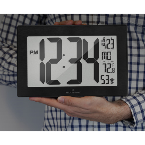 Self-Setting & Self-Adjusting Wall Clock with Stand, Digital, Battery Operated, Black Moffatt Supply & Specialties