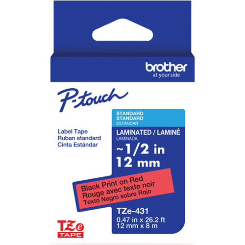 Ruban lamin&eacute; TZe-431 pour &eacute;tiqueteuses P-Touch compatibles avec les rubans TZe, 12 mm x 8 m, Noir/rouge Moffatt Supply & Specialties
