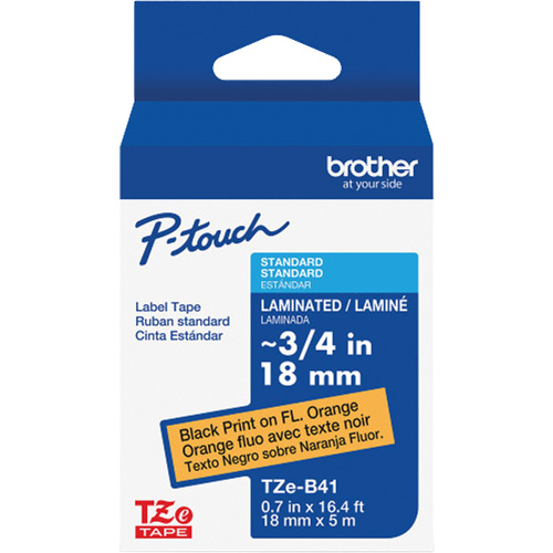 Ruban lamin&eacute; TZe-B41 pour &eacute;tiqueteuses P-Touch compatibles avec les rubans TZe, Noir sur orange fluorescent, Largeur de 0,7" Moffatt Supply & Specialties