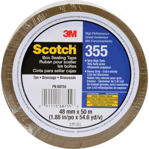 Scotch&reg; 355 Box Sealing Tape, Hot Melt Adhesive, 3.4 mils, 48 mm (1-22/25") x 50 m (164') Moffatt Supply & Specialties
