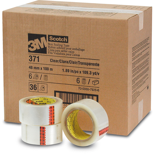 Scotch&reg; Box Sealing Tapes 371, Hot Melt Adhesive, 2 mils, 48 mm (1-22/25") x 100 m (328') Moffatt Supply & Specialties