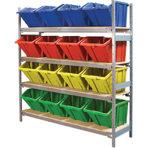Wide Span Shelving with Jumbo Plastic Bins, Steel, Boltless, 800 lbs. Capacity, 66" W x 72" H x 18" D Moffatt Supply & Specialties