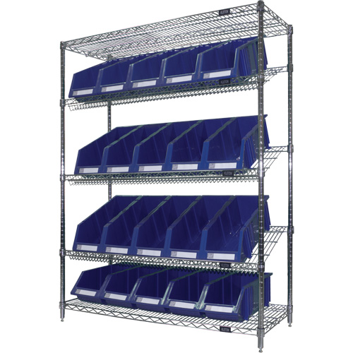 Slanted Wire Shelf with Bins, 5 Tiers, 48" W x 63" H x 18" D Moffatt Supply & Specialties