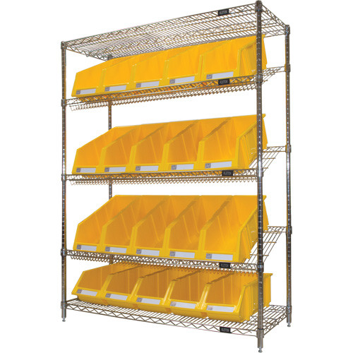 Slanted Wire Shelf with Bins, 5 Tiers, 48" W x 63" H x 18" D Moffatt Supply & Specialties