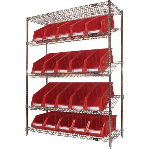 Slanted Wire Shelf with Bins, 5 Tiers, 48" W x 63" H x 18" D Moffatt Supply & Specialties