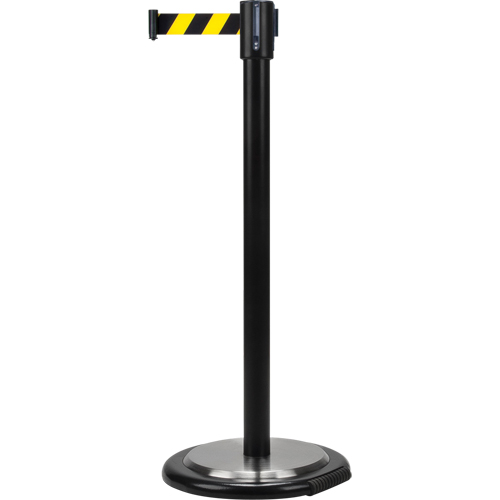 Free-Standing Crowd Control Barrier, Steel, 35" H, Black/Yellow Tape, 7' Tape Length Moffatt Supply & Specialties