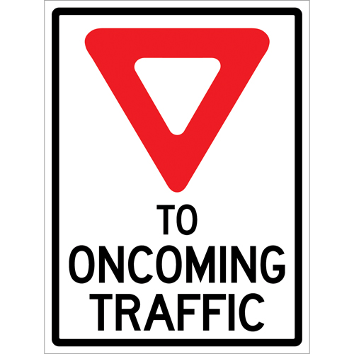 "Yield to Oncoming Traffic" Roll-Up Sign Traffic Sign, 36" x 48", Vinyl, English with Pictogram Moffatt Supply & Specialties