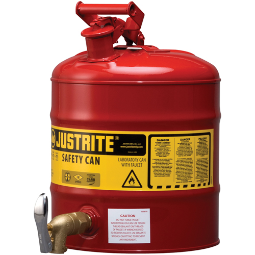 Bidon avec robinet s&eacute;curitaires pour laboratoires, Type I, Acier, 5 gal. US, Rouge, Homologu&eacute; FM Moffatt Supply & Specialties
