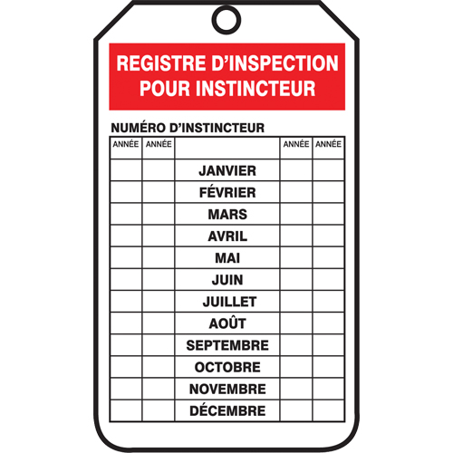 &eacute;tiquettes de s&eacute;curit&eacute; d'inspection et de contr&ocirc;le de l'&eacute;tat de l'&eacute;quipement, Plastique, 3-1/8" la x 5-7/8" h, Français Moffatt Supply & Specialties