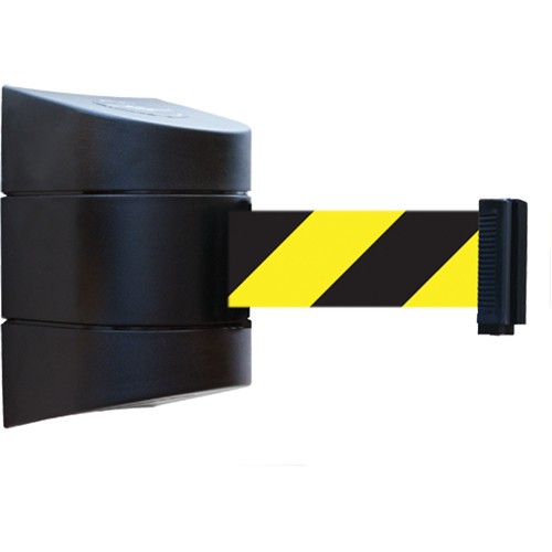 Tensabarrier&reg; Wall Mounted Units, Plastic, Magnetic Mount, 15', Black and Yellow Tape Moffatt Supply & Specialties