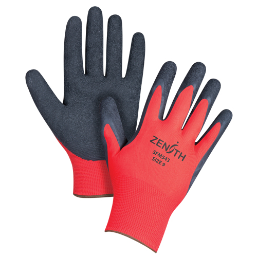 Gants enduits &agrave; prise cr&ecirc;p&eacute;e noir & rouge, 9/Grand, R&ecirc;vetement Latex de caoutchouc, Calibre 13, Enveloppe en Polyester Moffatt Supply & Specialties