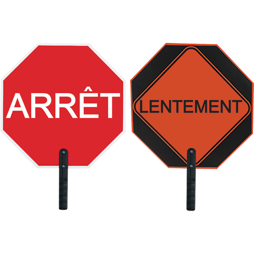 Double-Sided "Arr&ecirc;t/Lentement" Traffic Control Sign, 18" x 18", Aluminum, French with Pictogram Moffatt Supply & Specialties