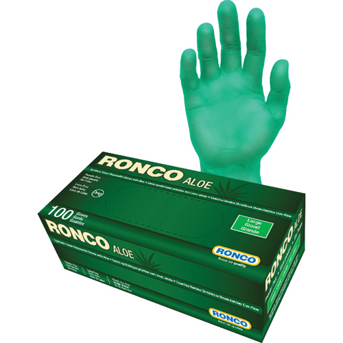 Gants jetables avec alo&egrave;s, Grand, Vinyle, 5 mils, Sans poudre, Vert Moffatt Supply & Specialties