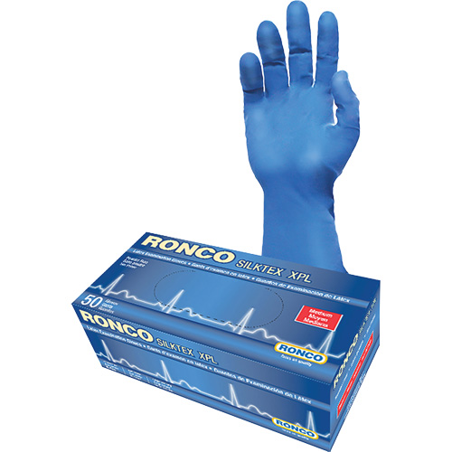 Gant d'examen extra long SilkTex XPL, Moyen, Latex, 13 mils, Sans poudre, Bleu, Classe 2 Moffatt Supply & Specialties