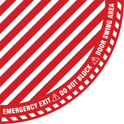 Signalisation au sol ?Emergency Exit? (sortie de secours) pour porte battante en quart de cercle, Adh&eacute;sif, Anglais avec pictogramme Moffatt Supply & Specialties