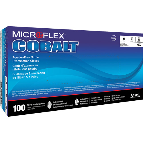 Gants d'examen d'usage multiple Microflex Cobalt N19, T-petit, Nitrile, 3,9 mils, Sans poudre, Bleu, Classe 2 Moffatt Supply & Specialties
