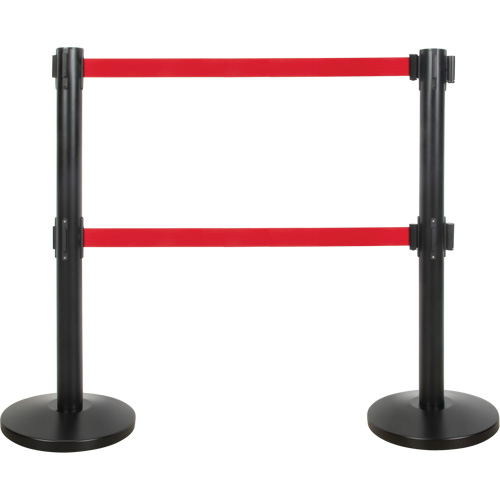 Dual Belt Crowd Control Barrier, Steel, 35" H, Red Tape, 7' Tape Length Moffatt Supply & Specialties