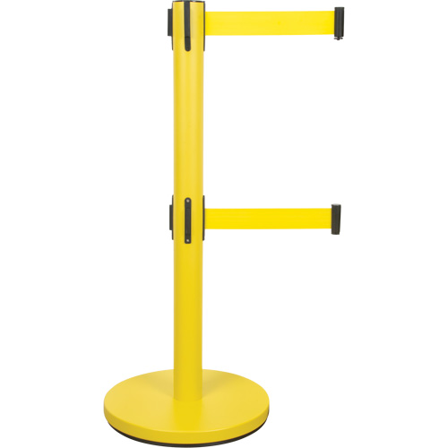 Barri&egrave;re pour le contr&ocirc;le des foules &agrave; courroie double, Acier, 35" h, Ruban Jaune, Longueur du ruban 7' Moffatt Supply & Specialties