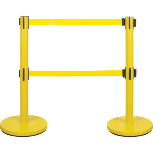 Barri&egrave;re pour le contr&ocirc;le des foules &agrave; courroie double, Acier, 35" h, Ruban Jaune, Longueur du ruban 7' Moffatt Supply & Specialties