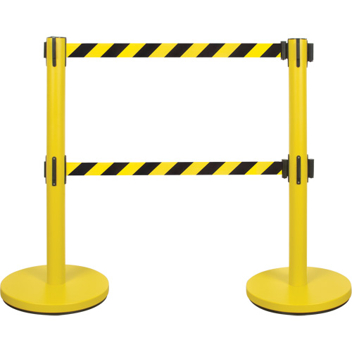 Barri&egrave;re pour le contr&ocirc;le des foules &agrave; courroie double, Acier, 35" h, Ruban Noir/Jaune, Longueur du ruban 7' Moffatt Supply & Specialties