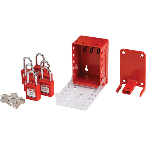 Boîte de cadenassage de groupe ultra compacte avec cadenas de s&eacute;curit&eacute; en nylon, Rouge Moffatt Supply & Specialties