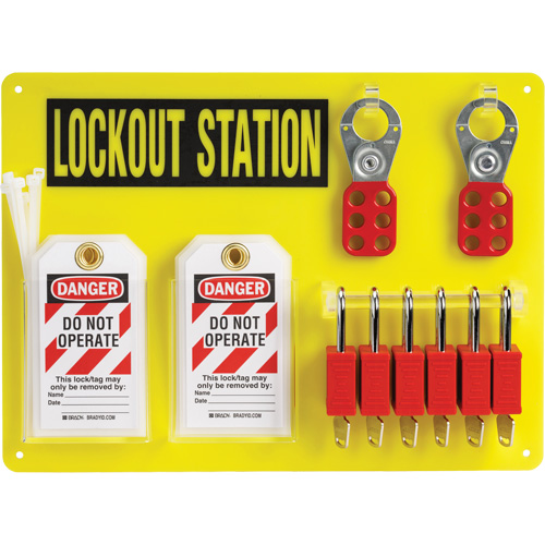 Tableau de cadenassage et &eacute;tiquetage avec cadenas de s&eacute;curit&eacute; en nylon utilisant des cl&eacute;s identiques, Cadenas Plastique, Capacit&eacute; de 6, Cadenas Compris Moffatt Supply & Specialties