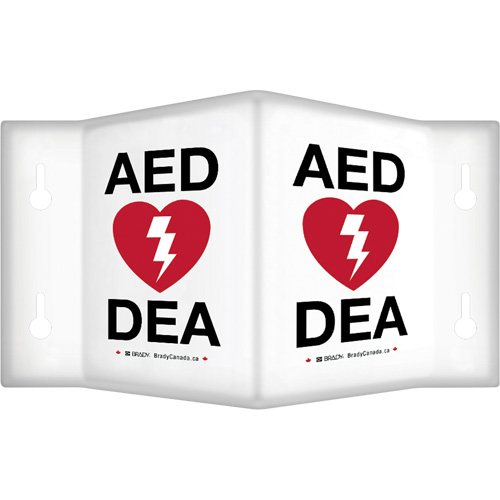 Enseigne &agrave; projection sur 90°  AED/ DEA , 6" x 5", Plastique, Bilingue avec pictogramme Moffatt Supply & Specialties