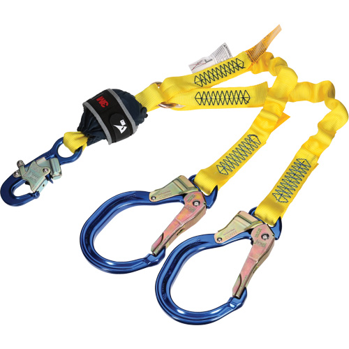 Twin-Leg Stretch Web Shock-Absorbing Lanyard, 4', Rebar Hook Center, Snap Hook Leg Ends Moffatt Supply & Specialties