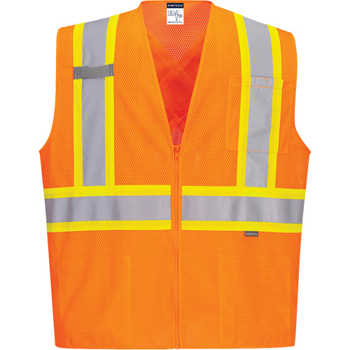 Contrast-Striped Safety Vest, High Visibility Orange, Small, Polyester Moffatt Supply & Specialties