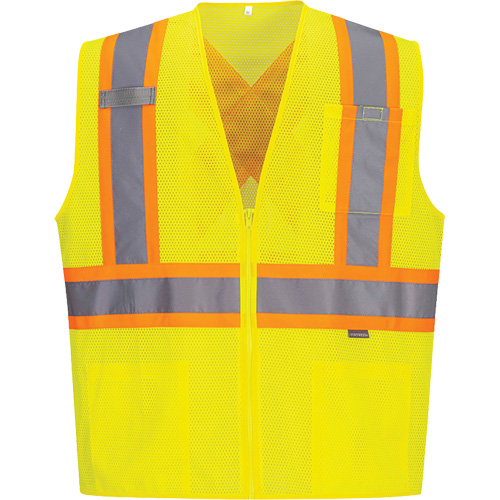 Contrast-Striped Safety Vest, High Visibility Lime-Yellow, Small, Polyester Moffatt Supply & Specialties