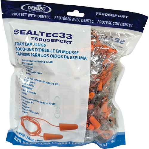 Bouchons d'oreilles coniques jetables en mousse de PU orange SEALTEC33, Vrac - Sac en poly, Avec cordon Moffatt Supply & Specialties