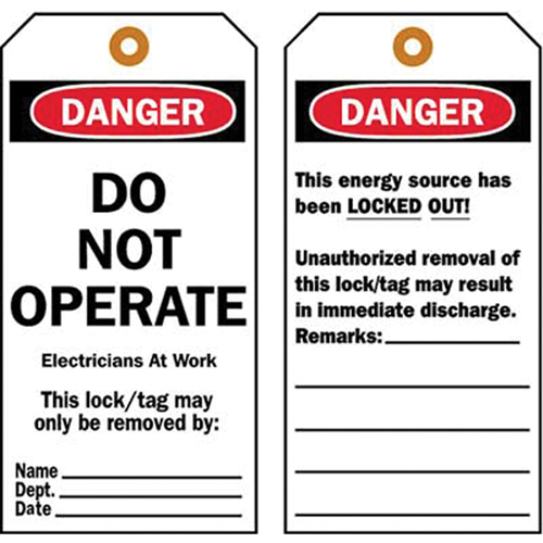 Lockout Tags, Plastic, 3" W x 5-1/2" H, English Moffatt Supply & Specialties