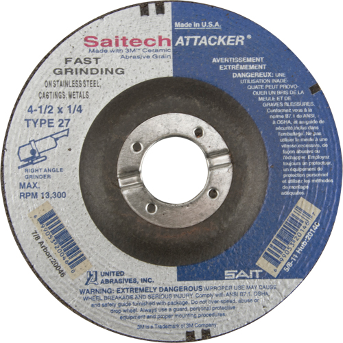 Meule rapide Saitech Attacker, 4-1/2" x 1/4", Arbre 7/8", Oxyde d'aluminium/C&eacute;ramique, Type 27 Moffatt Supply & Specialties