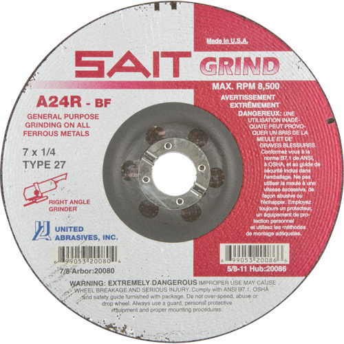 A24R Long Life Grinding Wheel, 7" x 1/4", 7/8" Arbor, Aluminum Oxide, Type 27 Moffatt Supply & Specialties
