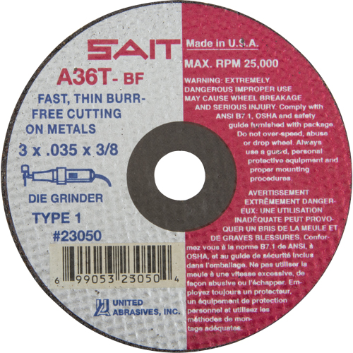 Meule &agrave; tronçonner (A36T), 3" x 0,035", Arbre de 3/8", Type 27, Oxyde d'aluminium, 25000 Tr/min Moffatt Supply & Specialties