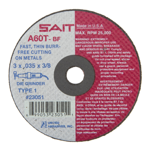 Meule &agrave; tronçonner (A36T), 3" x 0,035", Arbre de 3/8", Type 1, Oxyde d'aluminium, 25000 Tr/min Moffatt Supply & Specialties