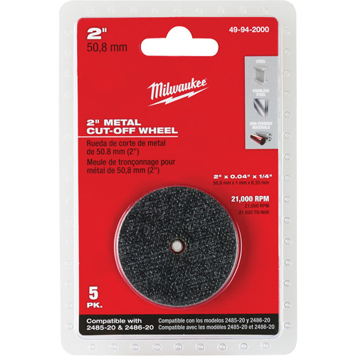 M12 Fuel Right Angle Die Grinder Cut-Off Wheels, 2" x 0.04", 1/4" Arbor, Type 1, Aluminum Oxide, 21000 RPM Moffatt Supply & Specialties