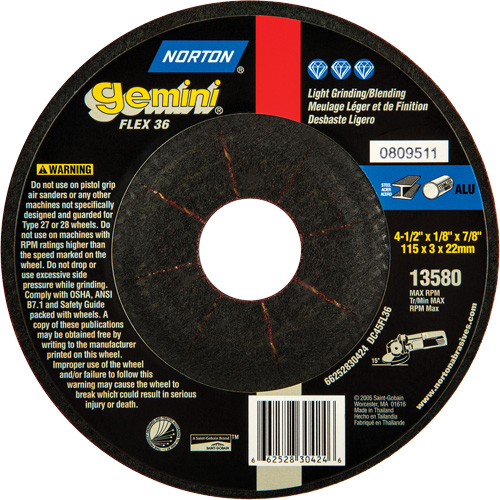 Gemini&reg; Flexible Mini Disc Depressed Centre Wheel, 4-1/2" x 1/8", 7/8" Arbor, Aluminum Oxide, Type 27 Moffatt Supply & Specialties