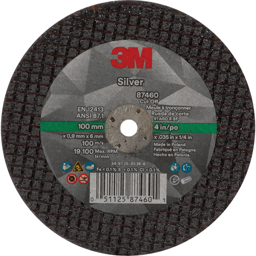 Silver Cut-Off Wheel, 4" x 0.04", 1/4"-28 Arbor, Type 1, Ceramic, 19100 RPM Moffatt Supply & Specialties