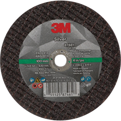 Silver Cut-Off Wheel, 4" x 0.04", 3/8"-24 Arbor, Type 1, Ceramic, 19100 RPM Moffatt Supply & Specialties