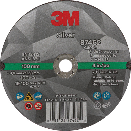 Silver Cut-Off Wheel, 4" x 0.06", 3/8"-24 Arbor, Type 1, Ceramic, 19100 RPM Moffatt Supply & Specialties