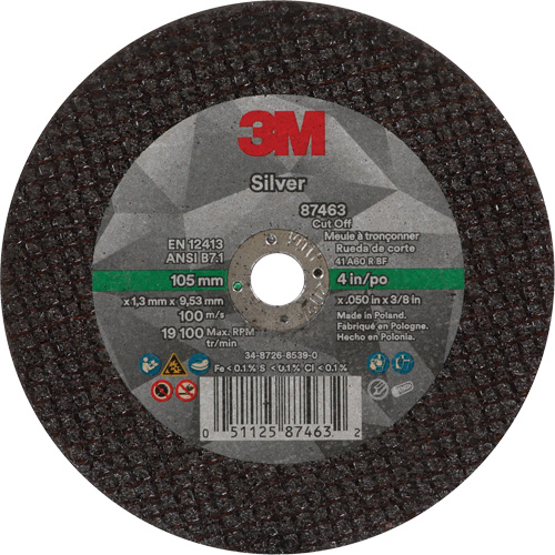Silver Cut-Off Wheel, 4" x 0.05", 3/8"-24 Arbor, Type 1, Ceramic, 19100 RPM Moffatt Supply & Specialties