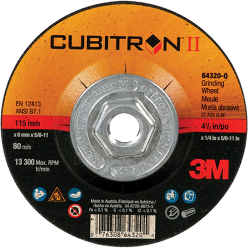 Cubitron II Quick Change Depressed Centre Grinding Wheel 64320, 4-1/2" x 1/4", 5/8"-11 Arbor, Type 27, Ceramic Moffatt Supply & Specialties