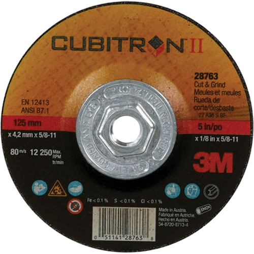 Disque de coupe et de meulage &agrave; changement rapide Cubitron II, 5" x 1/8", Arbre de 5/8"-11, Type 27, C&eacute;ramique Moffatt Supply & Specialties
