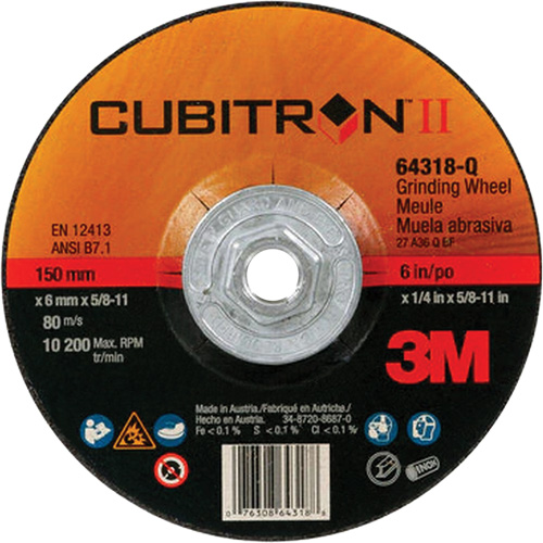 Cubitron II Quick Change Depressed Centre Grinding Wheel, 6" x 1/4", 5/8"-11 Arbor, Type 27, Ceramic Moffatt Supply & Specialties