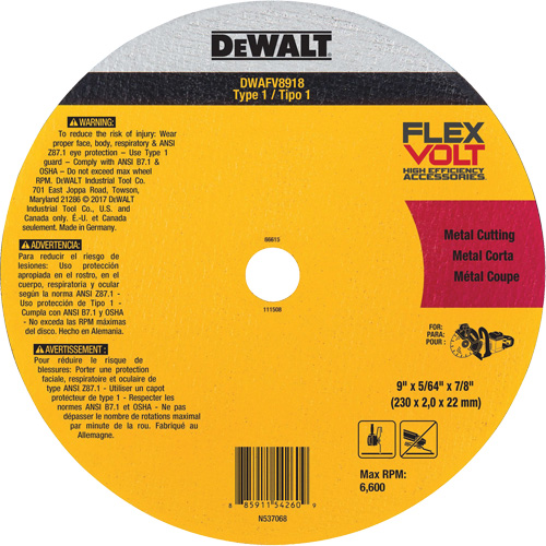 FlexVolt&reg; Metal Cut-Off Wheel, 9-1/16" x 0.078", 22.23 mm Arbor, Ceramic, Type 1 Moffatt Supply & Specialties
